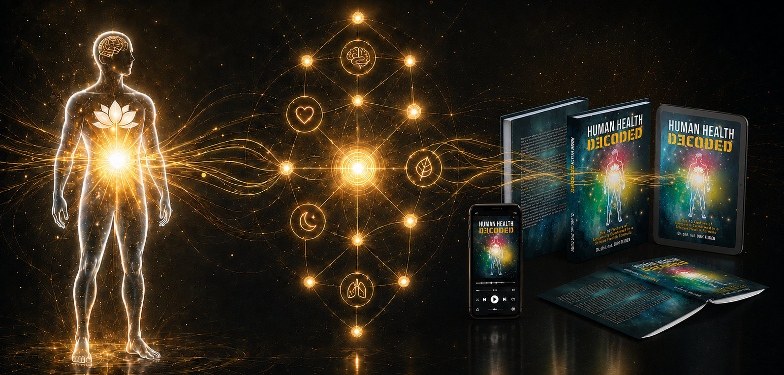 Human Health Decoded — glowing human body and the network of longevity factors